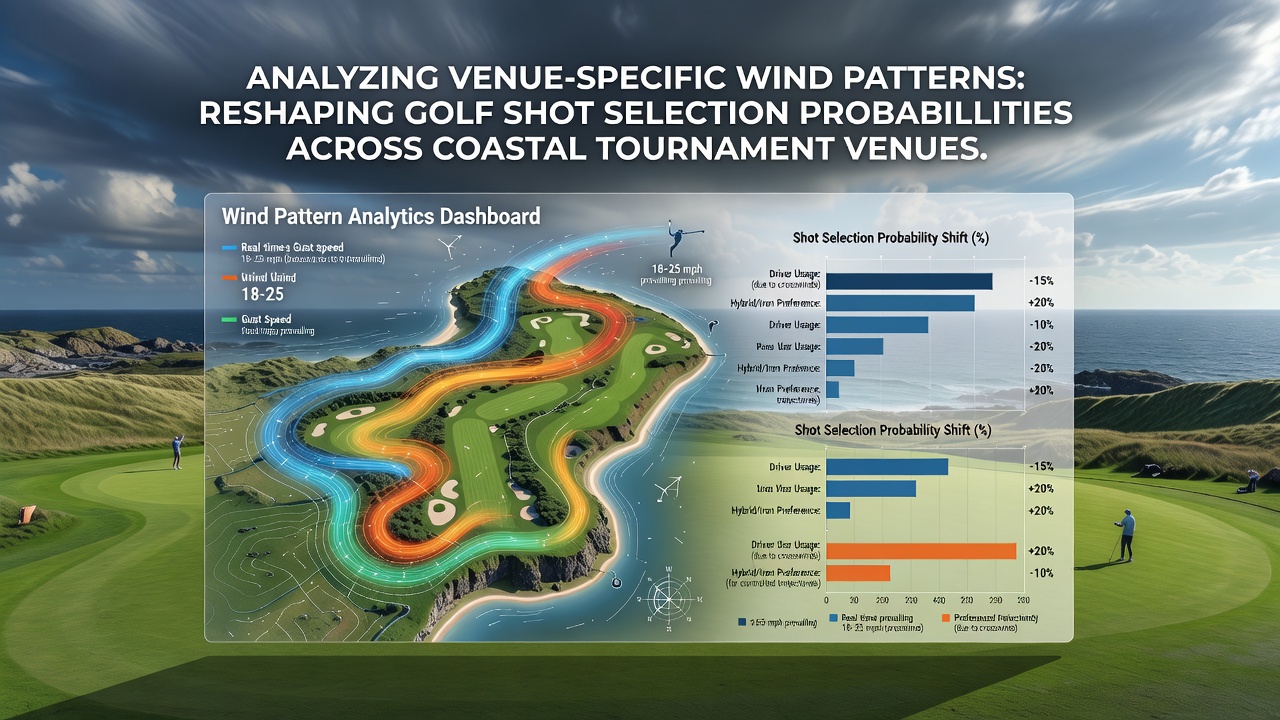 Aerial view of a coastal golf course showing wind direction indicators and fairway layouts at a major tournament venue