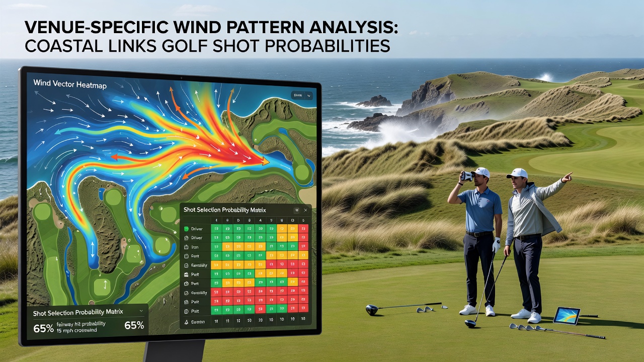 Close-up of a golfer adjusting stance and club selection on a windy coastal fairway during a professional tournament