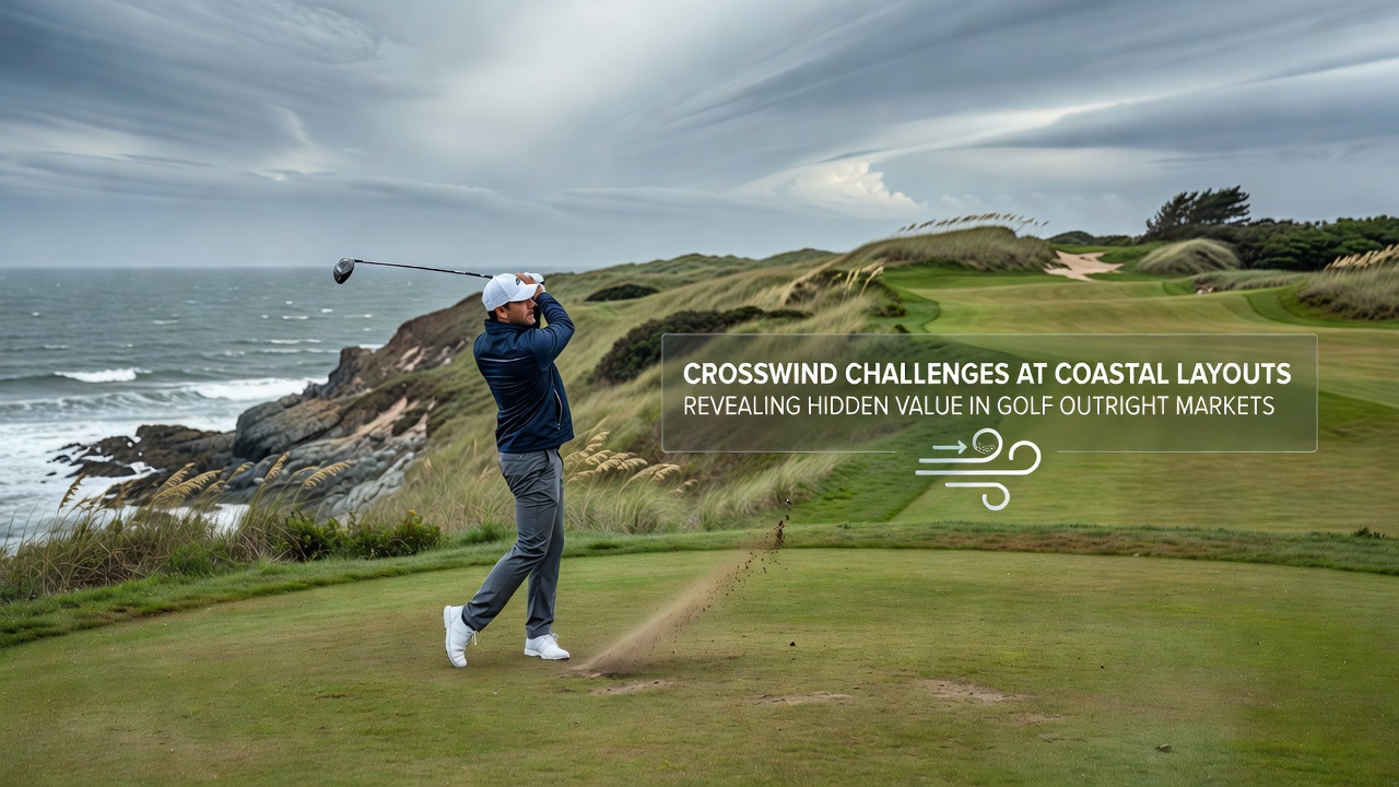 Golfers battling strong crosswinds on a coastal course during a professional tournament
