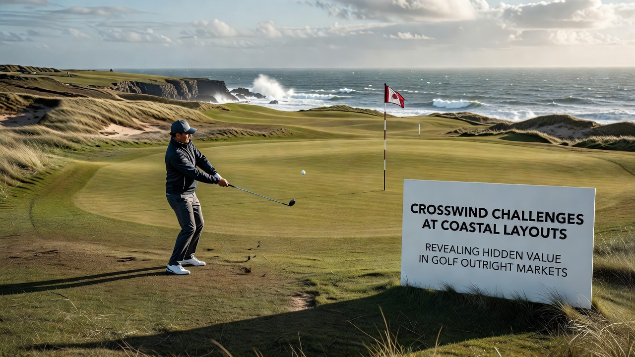 Aerial view of a coastal golf course with flags indicating wind direction during competition