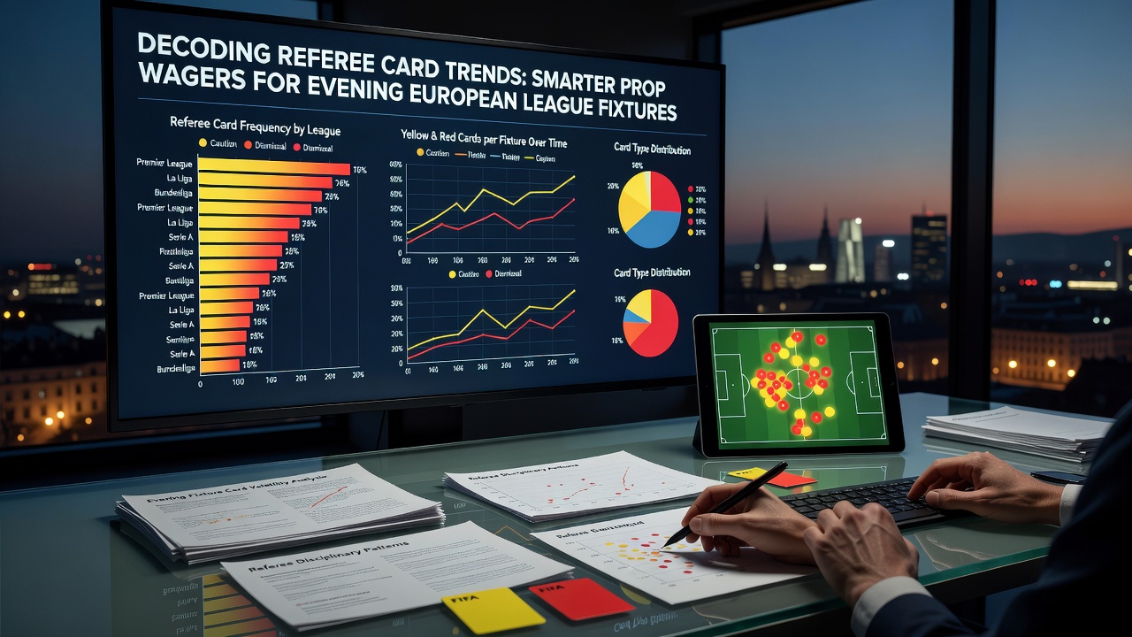 Referee issuing a yellow card during an evening European league match under stadium lights