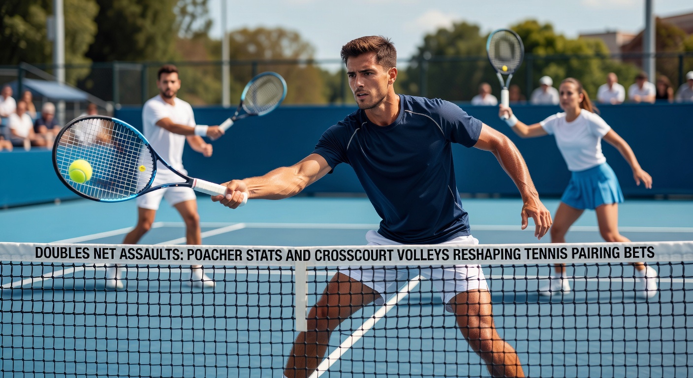 Dynamic tennis doubles pair executing a net poach with one player volleying aggressively while the other covers the baseline, captured mid-action on clay court
