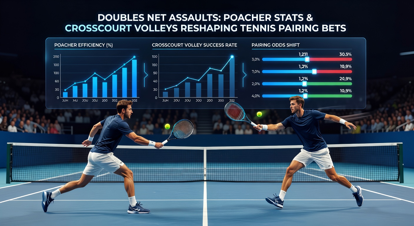 Close-up of a crosscourt volley in doubles tennis, with the poacher mid-stretch smashing the ball diagonally across the net past two opponents scrambling on the baseline