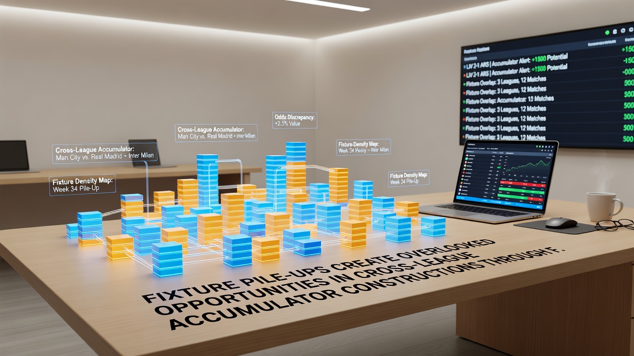 Data analysts reviewing fatigue metrics and fixture schedules on multiple screens for accumulator strategy development
