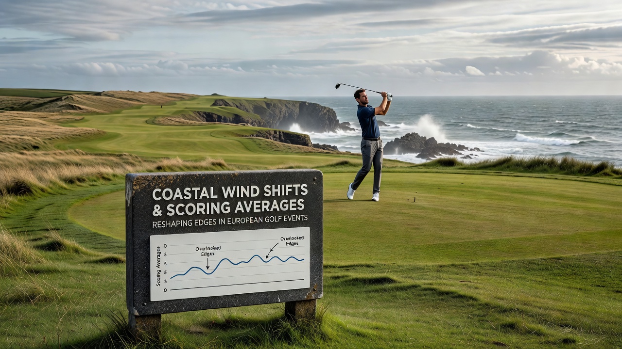 Coastal golf course with wind affecting play during a European tournament
