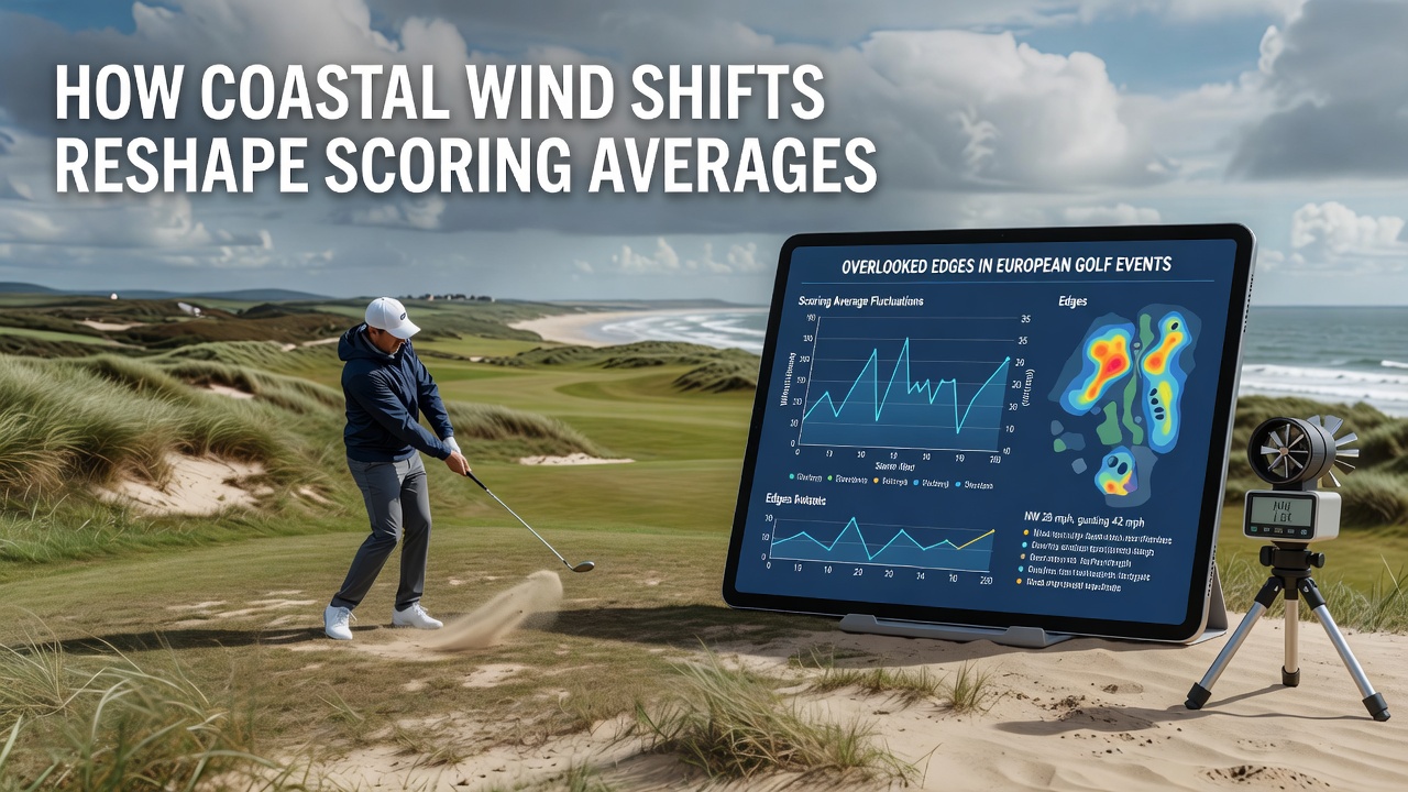 Players adjusting shots under coastal winds during a European golf event