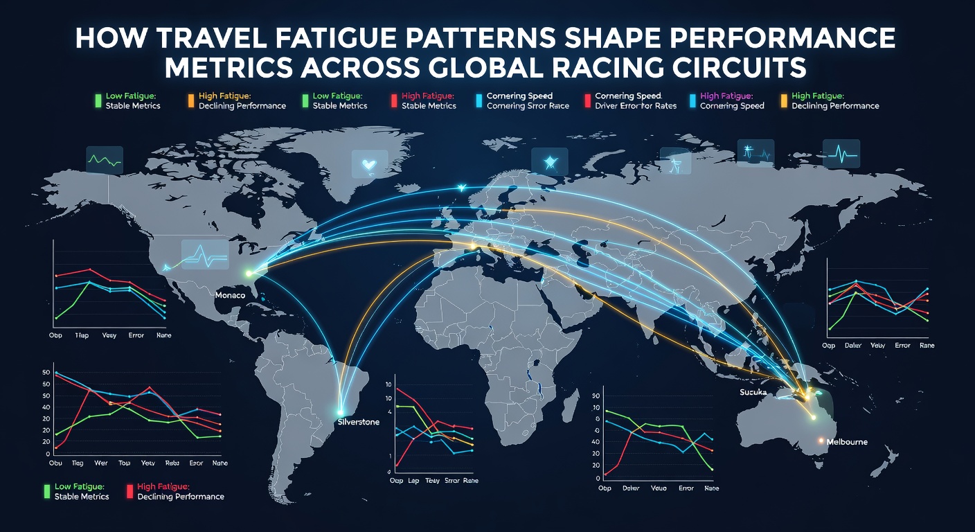 Racing team analyzing driver performance data after long-haul travel between international circuits
