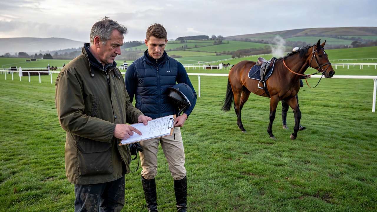 Jockey and trainer discussing strategy before a National Hunt race