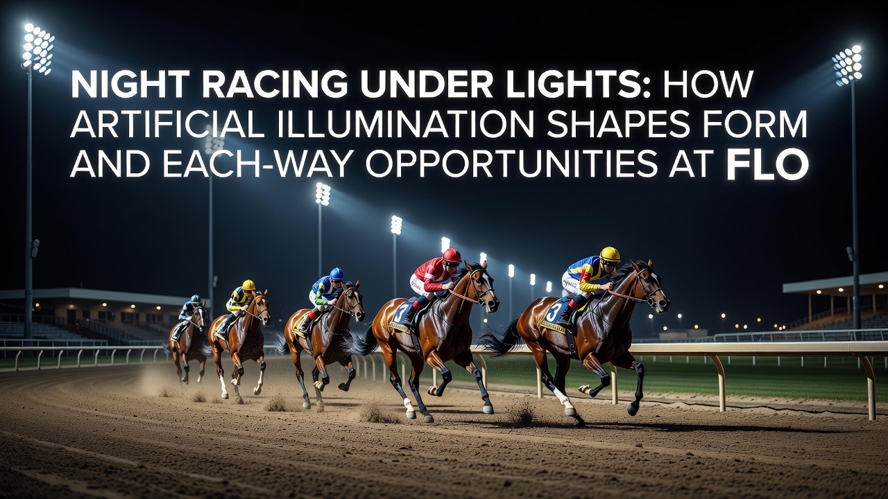 Jockeys and horses navigating a bend under bright floodlights at an evening race meeting