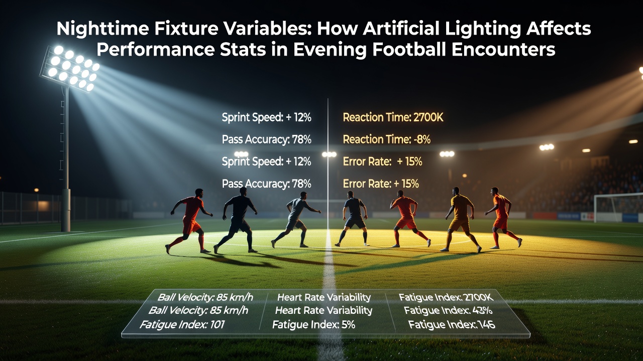 Stadium floodlights illuminating an evening football match with players in action under artificial lighting