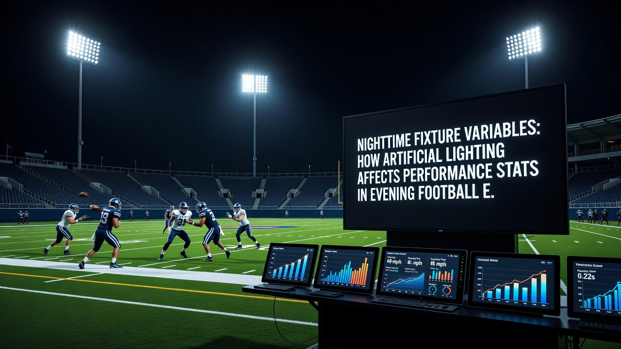 Close-up view of football players tracking a ball under bright stadium floodlights during a night game