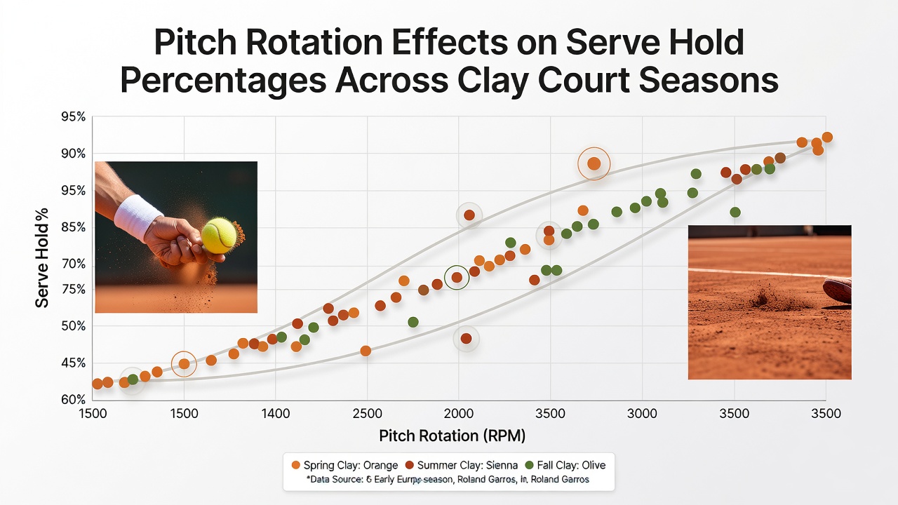 Tennis players competing on a clay court during a professional match with visible court surface rotation patterns
