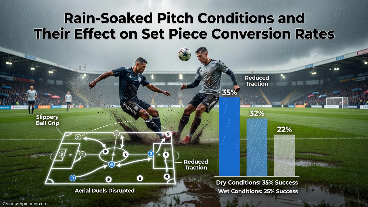 Players executing a set piece on a waterlogged football pitch with visible puddles