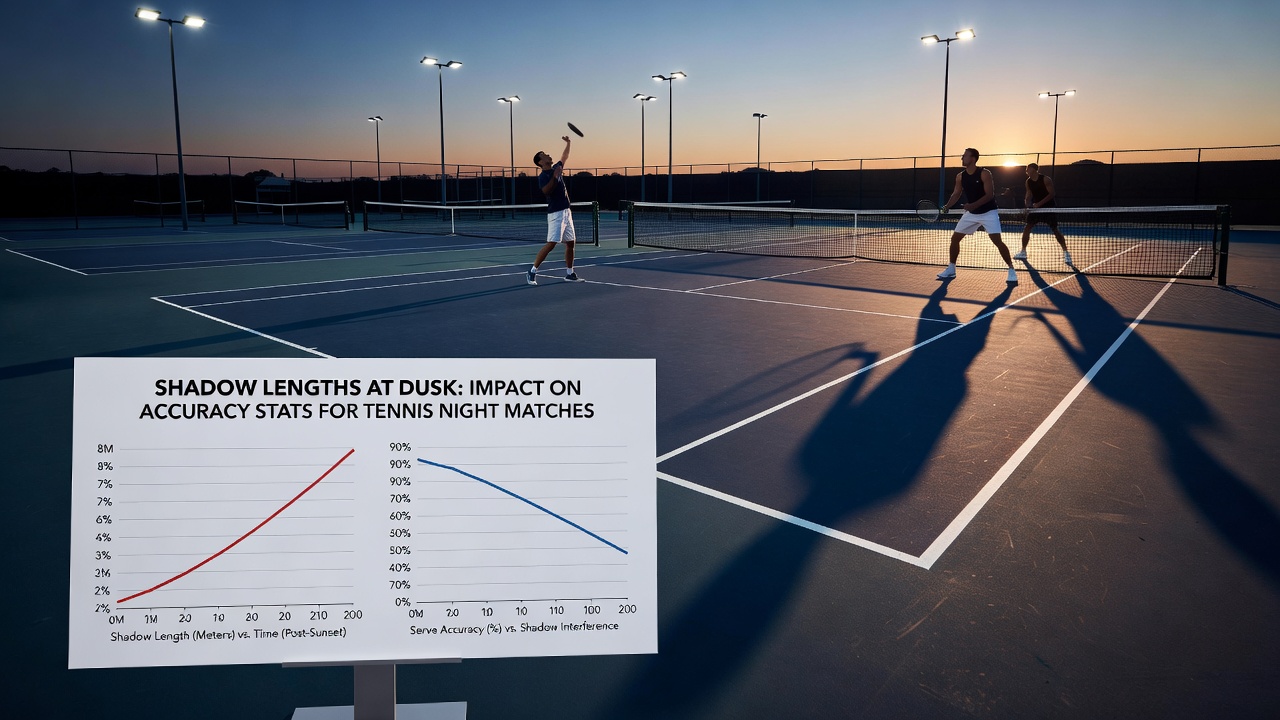 Close-up view of tennis players competing as long shadows stretch across the court surface near sunset
