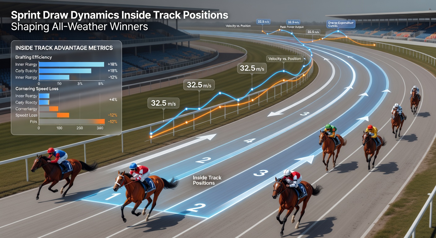 Data visualization chart displaying win percentages by stall position across major all-weather sprint tracks, with bars peaking for low numbers at tight venues