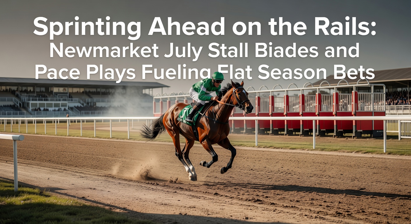 Aerial view of Newmarket July racecourse during a sprint race, highlighting low-numbered stalls hugging the rails