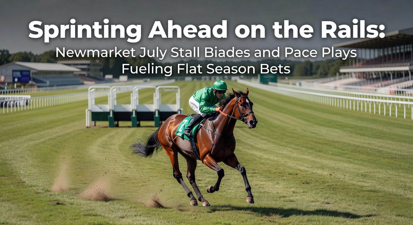 Close-up of horses charging down the rails at Newmarket July, with a low-stall front-runner pulling clear