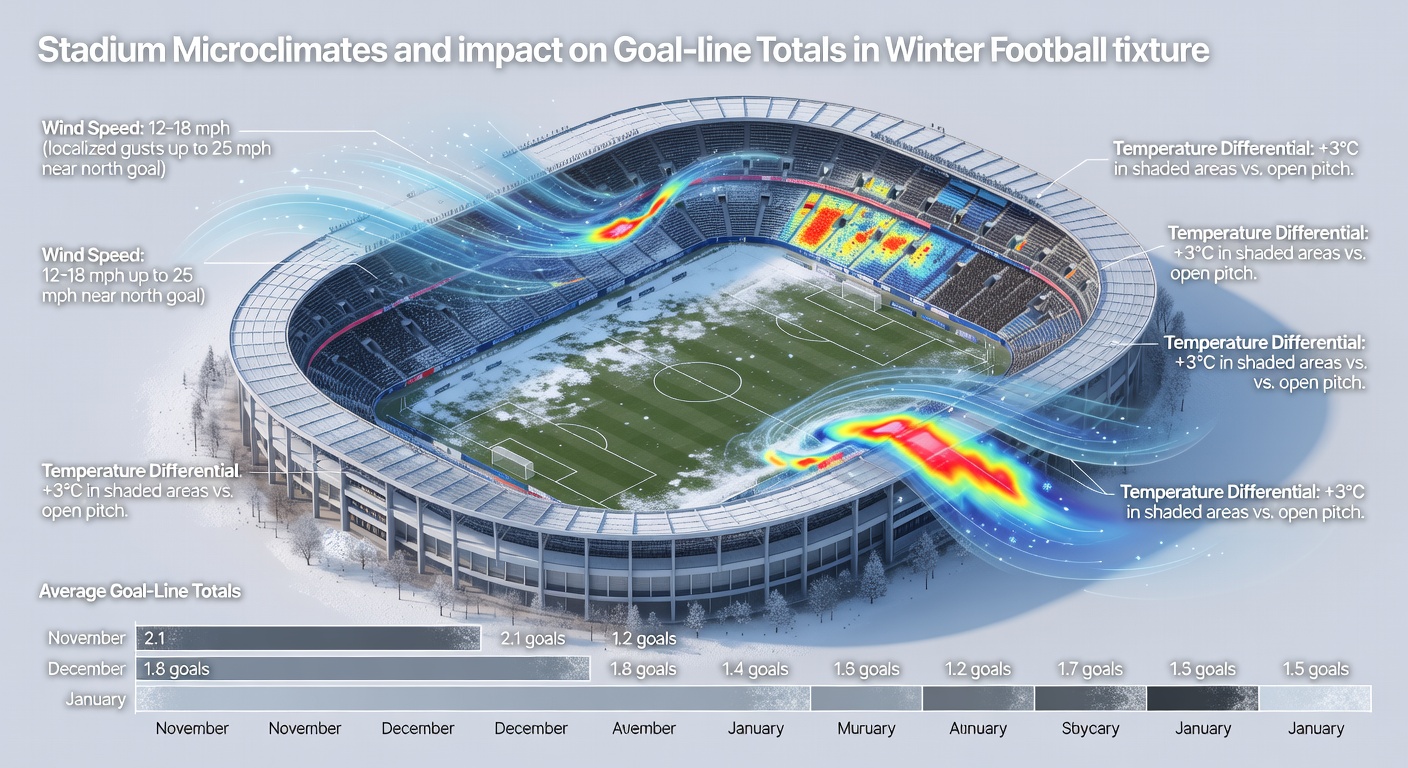 Aerial view of a football stadium showing wind patterns and enclosed structures during winter conditions
