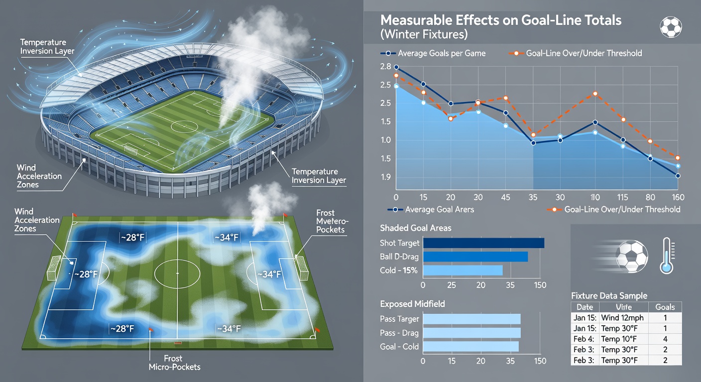 Close-up of football pitch with visible weather monitoring equipment and winter conditions