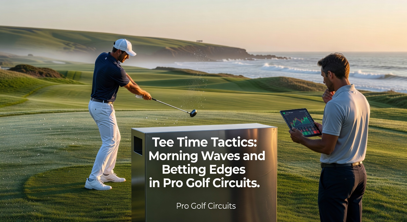 Early morning golfers teeing off under soft dawn light on a dew-kissed fairway, highlighting the calm conditions of morning waves in pro golf