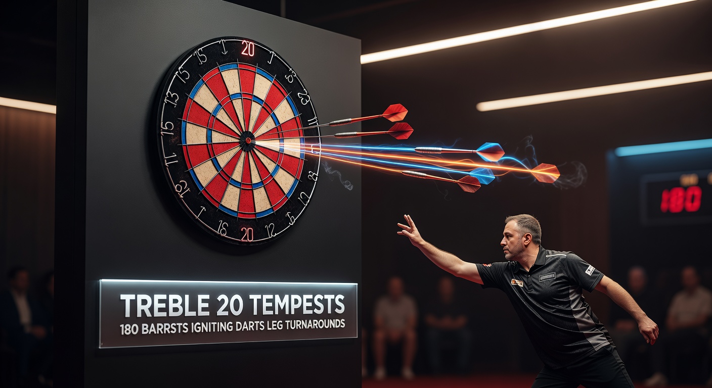 Darts player celebrating a 180 with crowd in background during a PDC event
