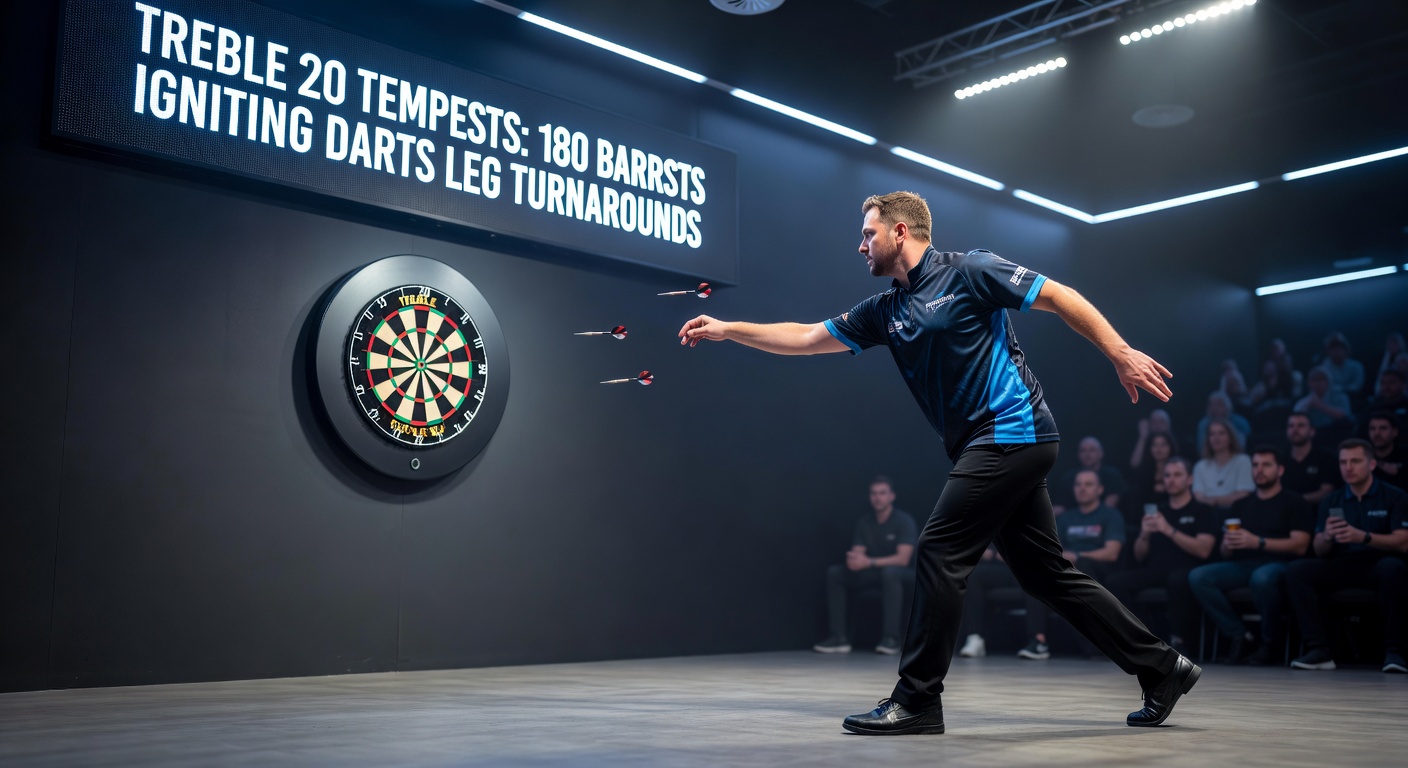 Close-up of darts board with three treble 20s scored, player in focus mid-throw