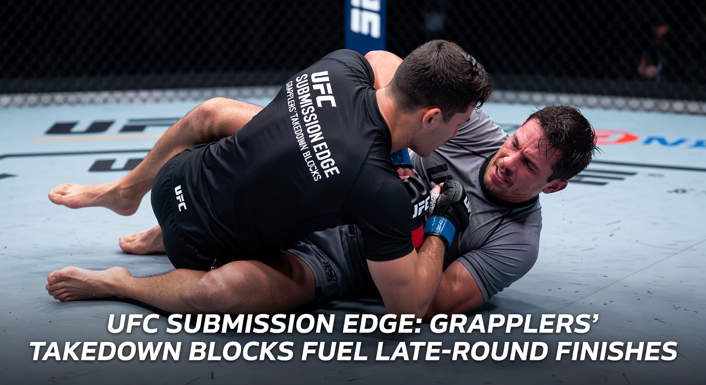 UFC grappler sprawls to block takedown, setting up late-round submission attempt during intense octagon battle