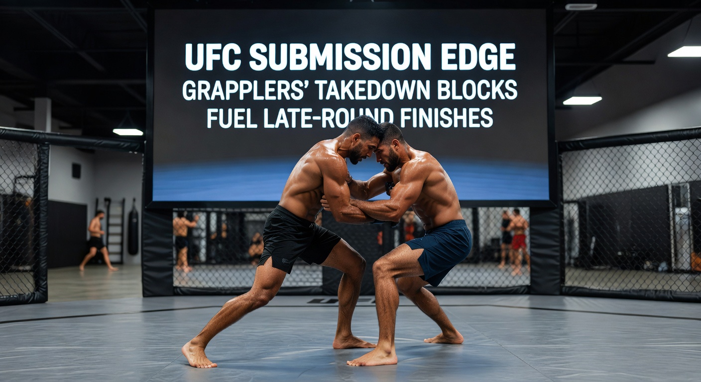 Close-up of UFC fighter locking in arm-triangle after successful takedown defense in championship rounds