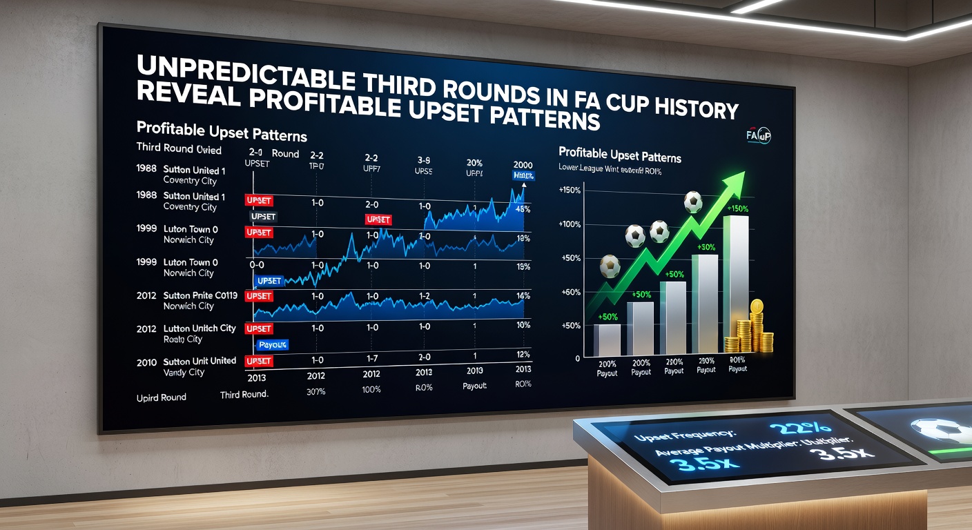 Colorful bar graph illustrating FA Cup third-round upset frequencies from 1970-2025, highlighting peaks in lower-league triumphs and draw rates that underscore betting patterns