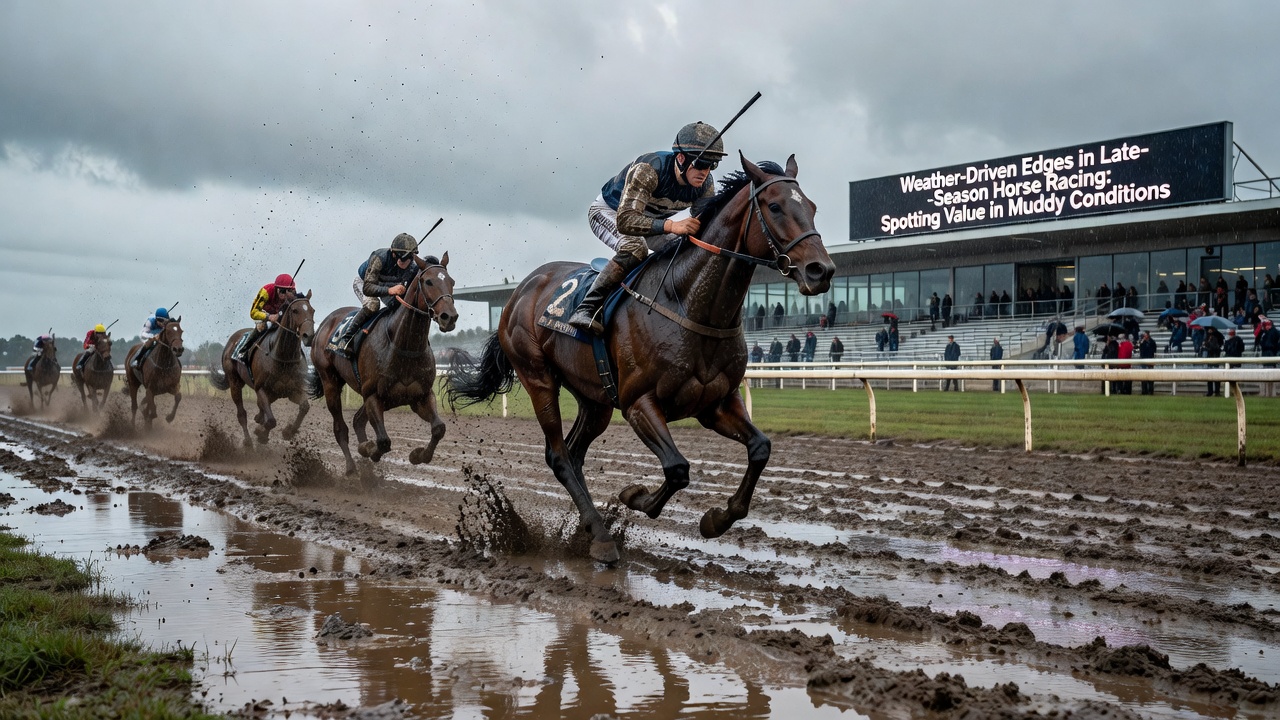 Close-up of racehorses splashing through deep mud on a wet track