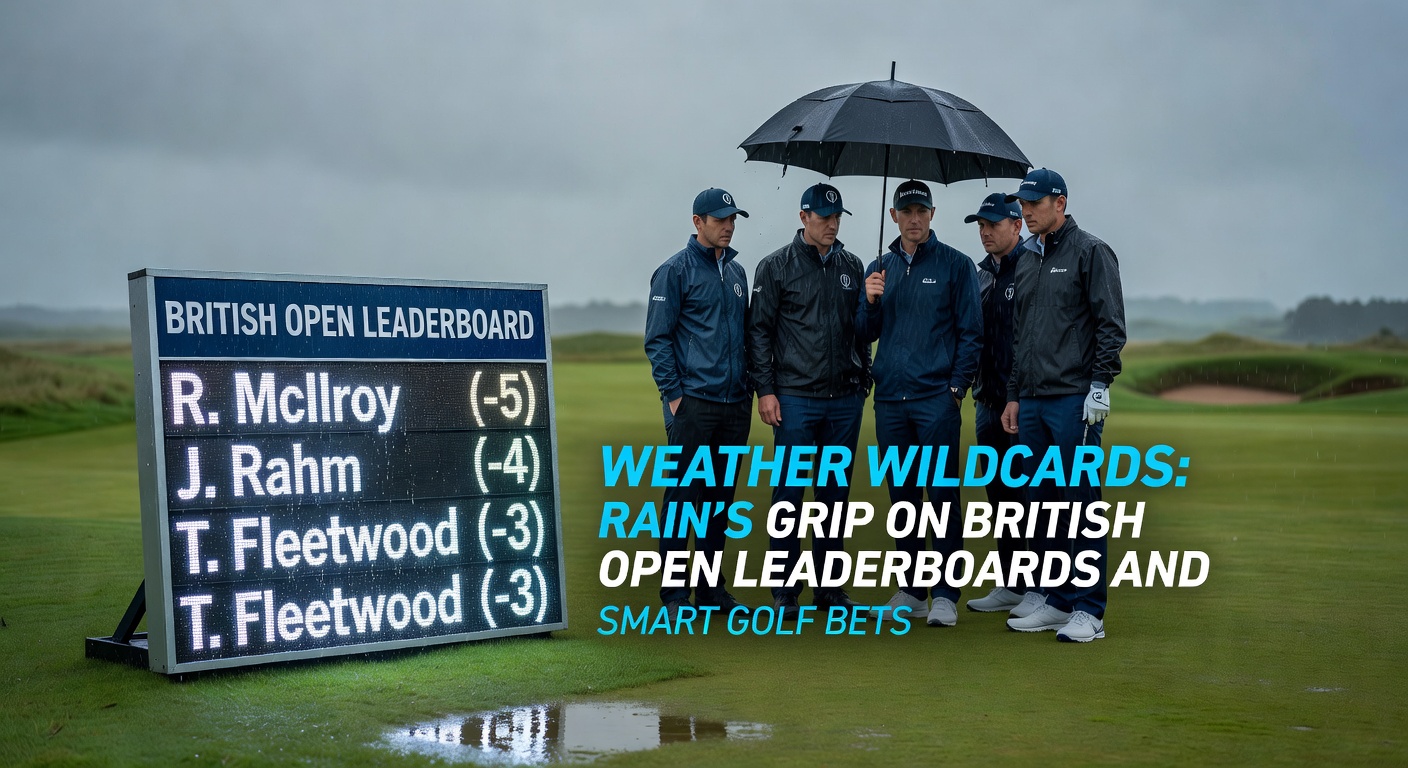 Drizzle over the British Open course with players navigating wet fairways and bunkers