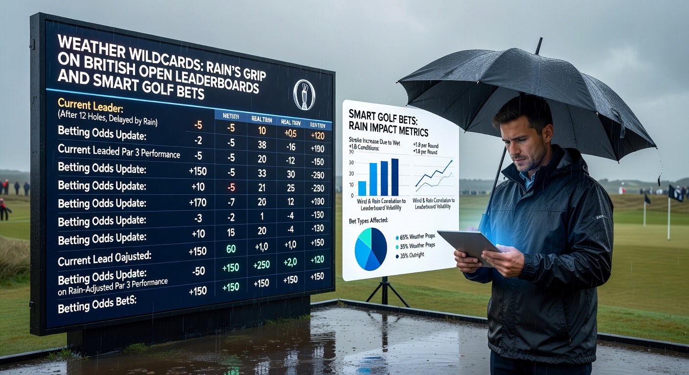Golfers in rain gear battling bunkers and puddles at a links course during The Open
