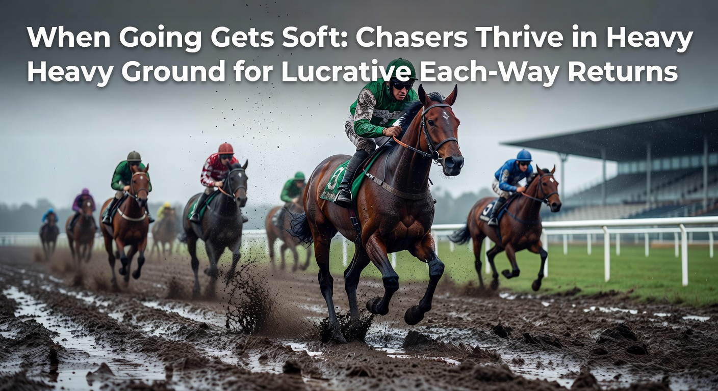 A chase horse powering through heavy, mud-splattered ground during a steeplechase race, kicking up divots as it closes in on the leader